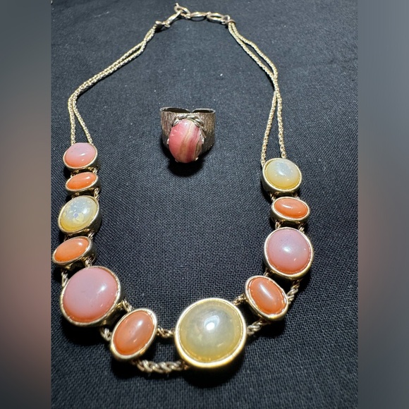 Natural Rhodochrosite Statement Ring, Vibrant Mixed Stone Mismatched necklace - Picture 1 of 10